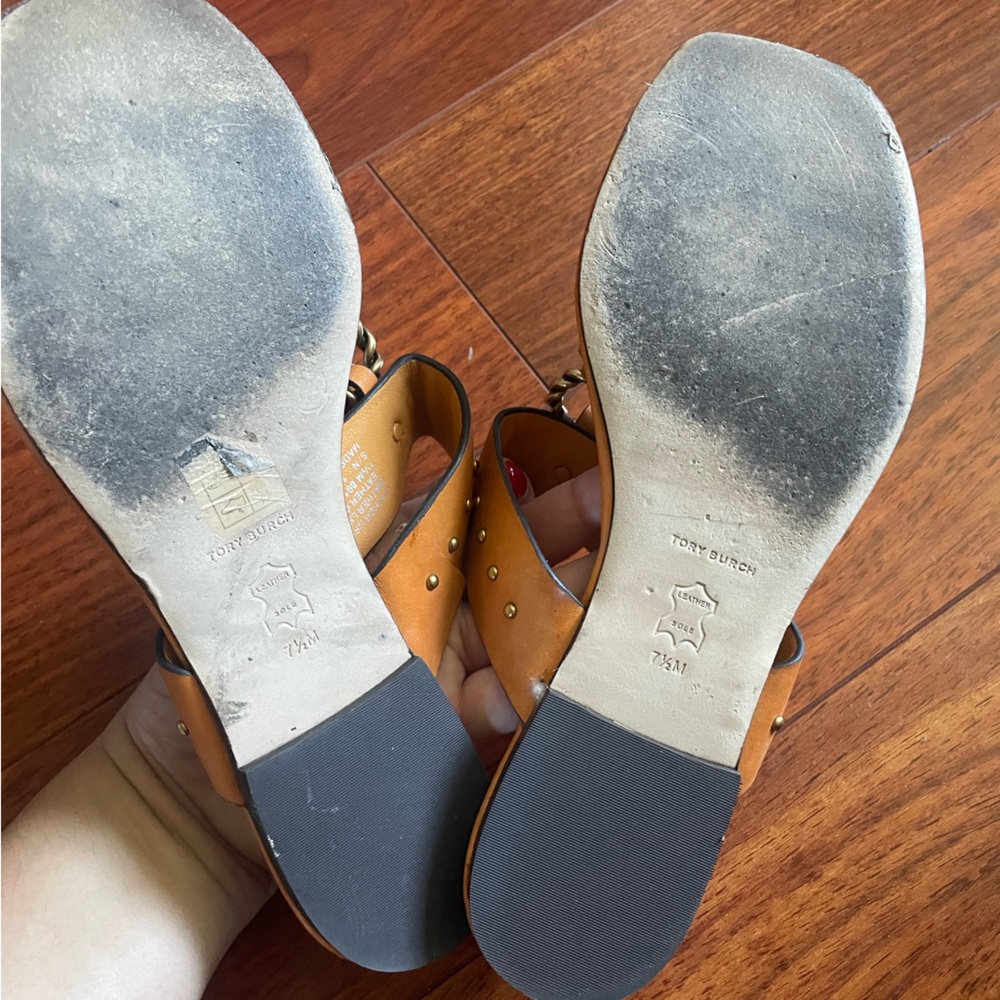 Tory Burch Tan/Mustard Color Sandals Size 7.5 -damage - Picture 2 of 5
